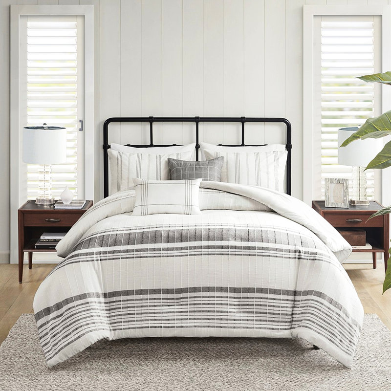 Housse de couette en coton très grand / très grand - gris + blanc 100% coussins texturés, rayures tissées, attaches intérieures, entretien facile, sans vapeur, lavable à la machine, fermeture à boutons blanche / grise, 5 pièces, substances nocives