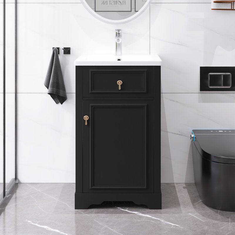 20" Modern Freestanding Small Bathroom Vanity Cabinet With Ceramic Sink, Black, Gold