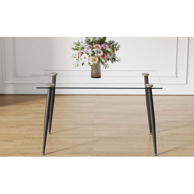 Modern rectangular glass dining table, suitable for 4-6 people, equipped with tempered glass tabletop