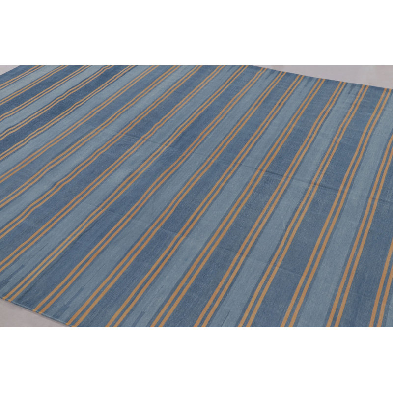 Rug & Kilim’S Indian Dhurrie Rug In Slate Blue And Ochre Stripes