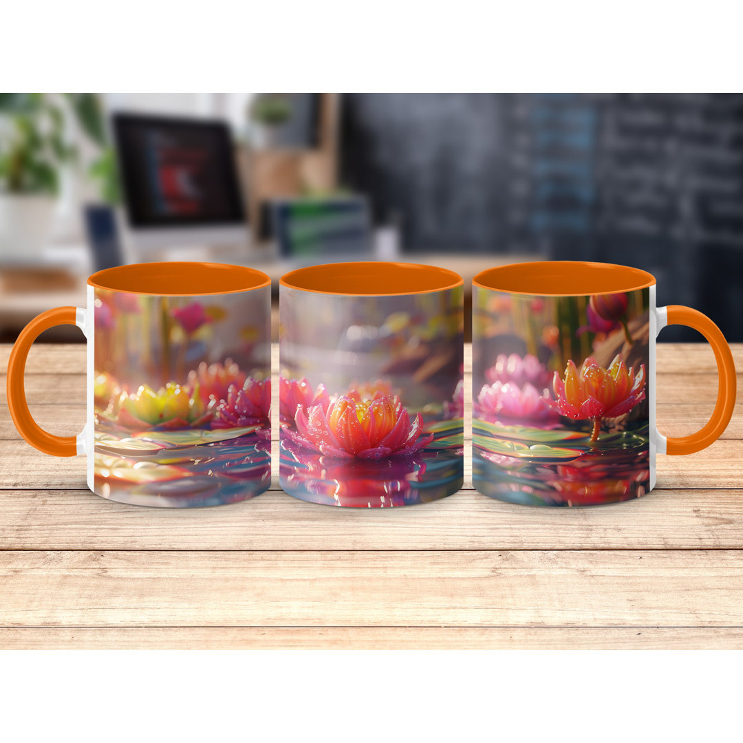 Set of 2 Colourful 3D Design 11oz Accent Mugs – White Ceramic Coffee Cups with an Orange Handle and Interior