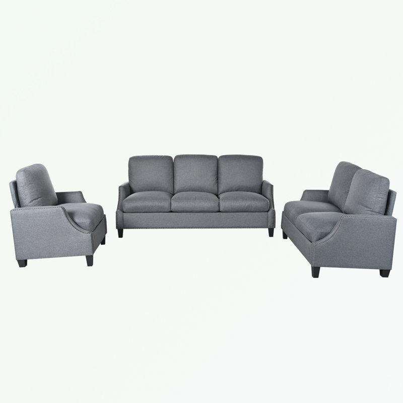 Canapé 3 pièces rembourré avec clous décoratifs et pieds robustes, Gris