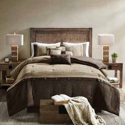 Édredon très grand 7 pièces brun - simili suède, boutons décoratifs style chalet, rembourrage, coussins inclus, aspect lavable à la machine, 1 et 3