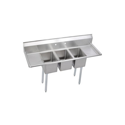 Elkay Dependabilt Stainless Steel 64" X 21-13/16" X 43-3/4" 16 Gauge Three Compartment Sink W/ 12" Left And Right Drainboards And Stainless Steel Legs