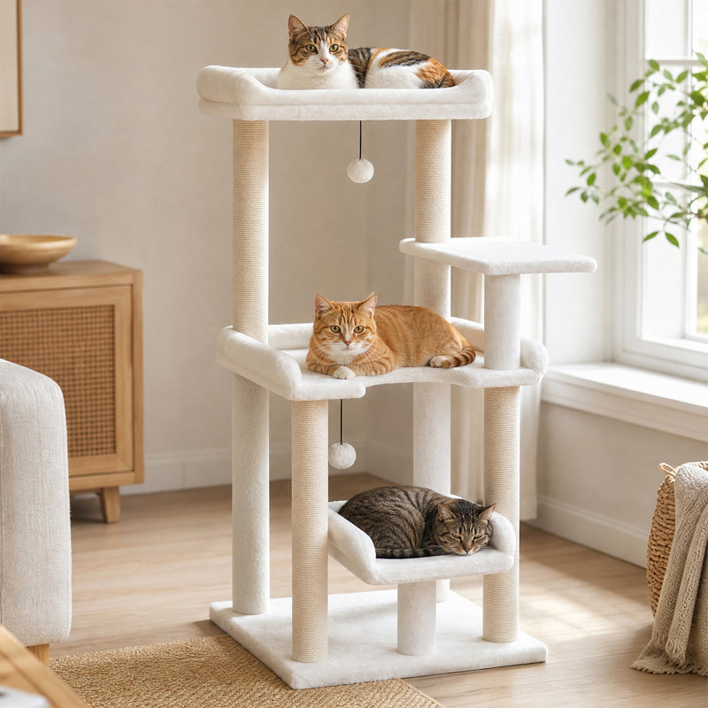 Arbre à chat blanc de 112 cm (44 po) pour grands chats avec 4 plateformes, White
