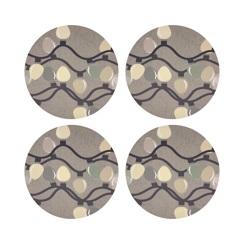 Xmas Tangle Black Vegan Leather Round Coasters, Neutral
