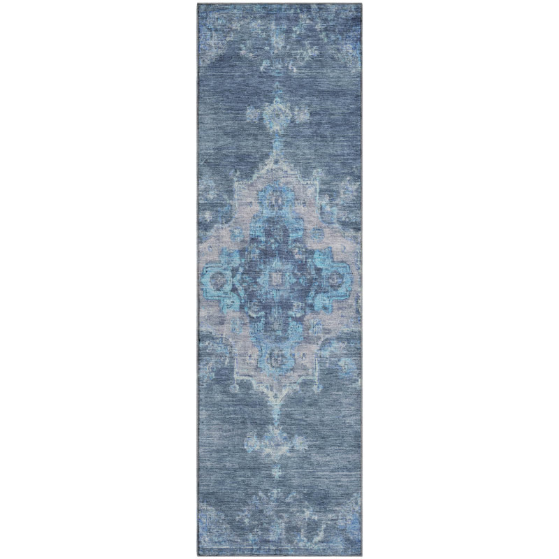 Premium Machine Washable Mayfield AMF2321 Global Rug, Blue, 2'3" x 7'6" Runner