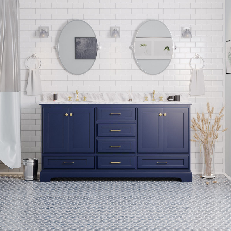 Ensemble de meuble-lavabo double 72 po Larosa, Bleu royal, Marbre de Carrare
