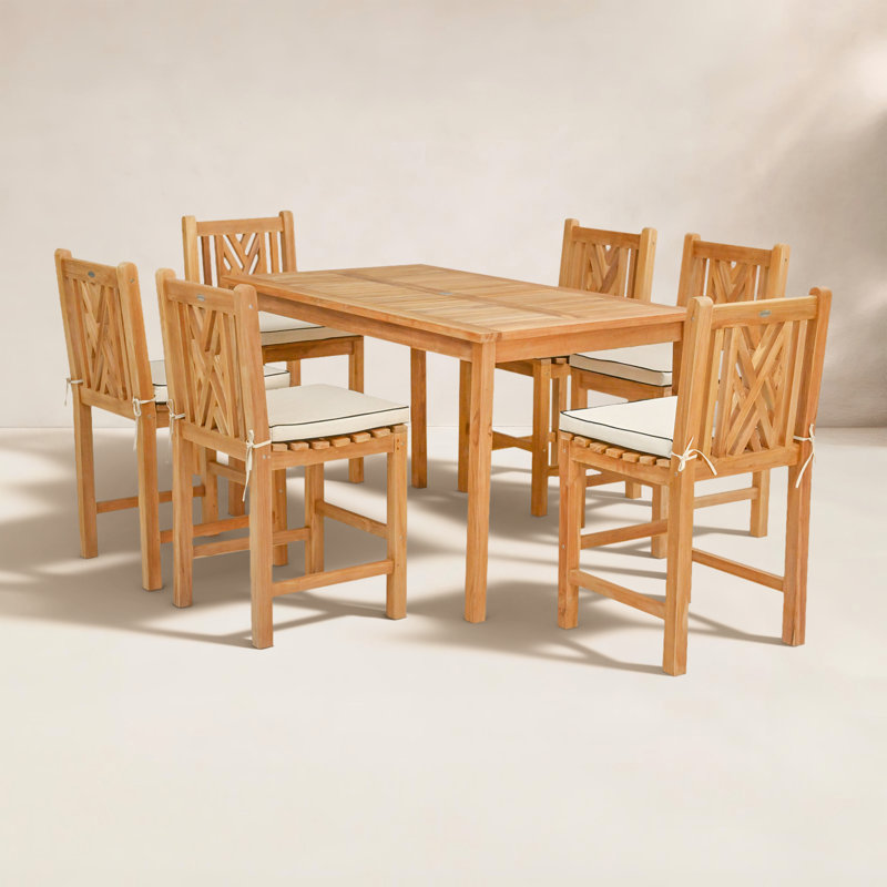 7 Piece Teak Wood Chippendale 55" Rectangular Bistro Counter Dining Set Including 2 Arm & 4 Side Counter Stools