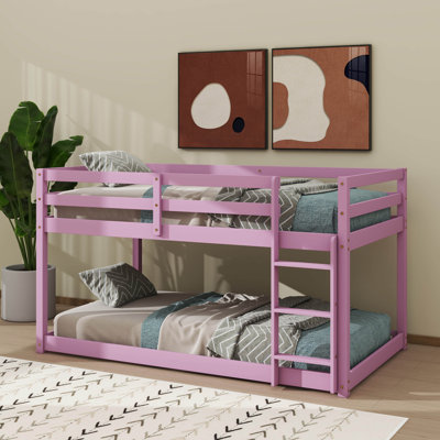Rubber Wood Twin Over Twin Low Bunk Bed With Ladder
