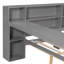 Lit plateforme en bois pleine grandeur avec tablettes de rangement, tiroirs, station de charge, DEL, bureau et tête de lit tapissier, gris et coussin gris-692373597-692373570