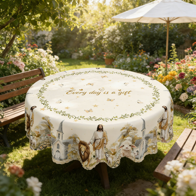 Easter Tablecloth with Jesus and Lion Design Round Washable Table Cover Ideal for Indoor Dining and Family Party Decorations