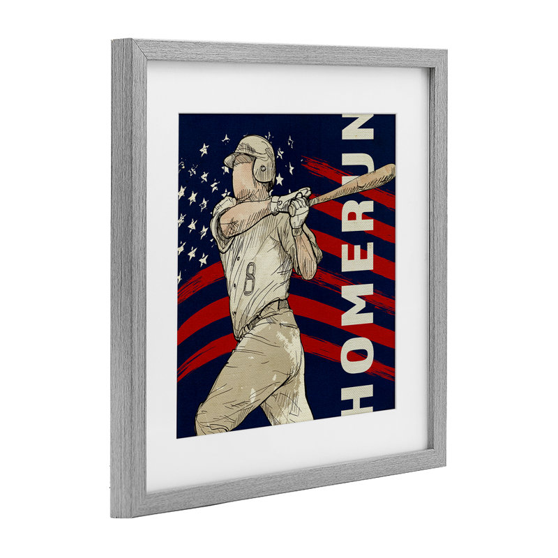 «Patriotic Home Run Baseballer», reproduction encadrée sous verre, design par LightBoxJournal, Cadre de ferme gris