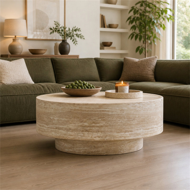 Table basse ronde ronde en travertine 31,5 po pour le salon, le canapé ou le coin lecture
