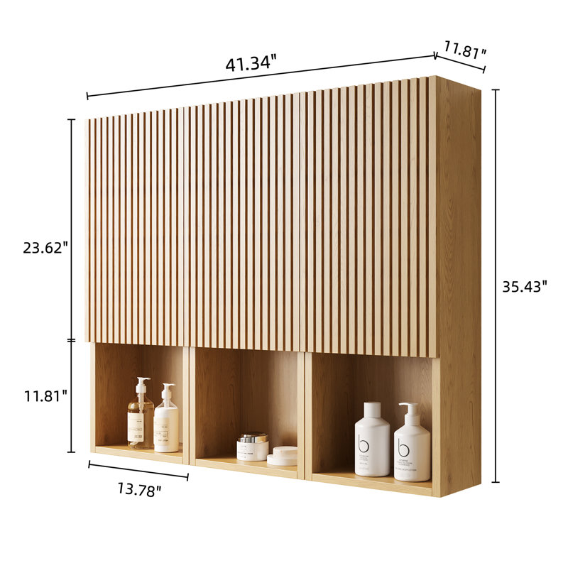 Armoire de salle de bain de 41 po - 3 armoires avec portes en contreplaqué à texture de bois de chêne et sections ouvertes semi-françaises à rainure 3D