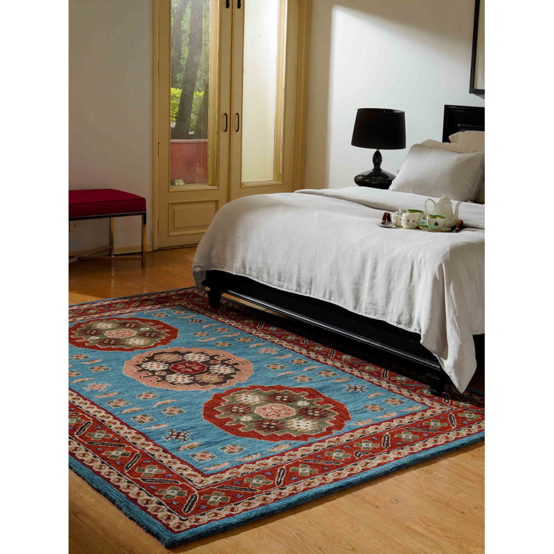 Tapis écologiques en laine touffetés à la main - Rectangle, bleu-rouge clair, design oriental, tapis épais antidérapants faits à la main pour salon, chambre à coucher