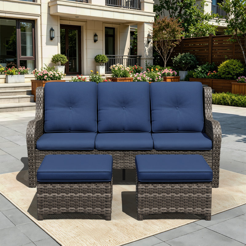 73'' Wide Wicker Patio Sofa with Cushions, Blue