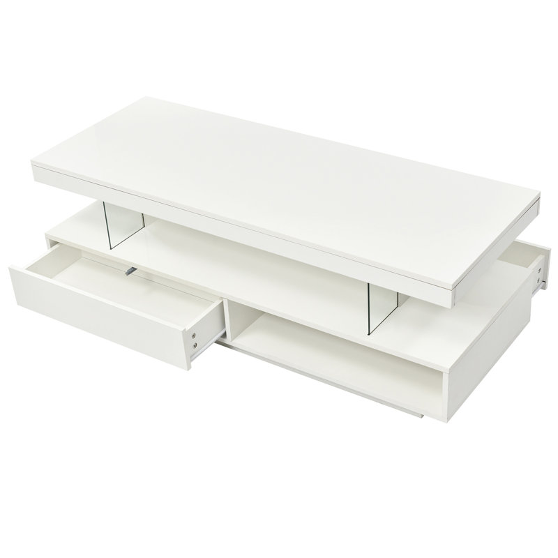 Table basse moderne à DEL avec 2 tiroirs et tablettes, White