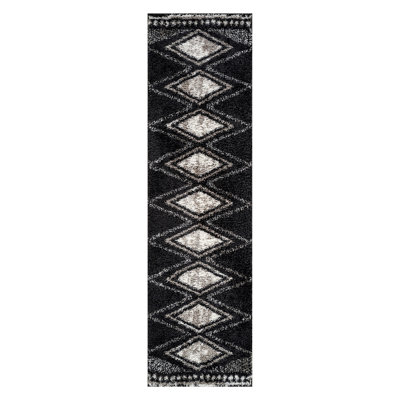 Geometric Grid Pattern Shag Rug – Anthracite Dark Gray – Medium Pile, Soft & Durable