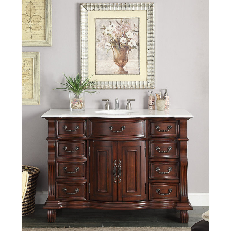 Meuble-lavabo de salle de bain Hopkinton traditionnel autoportant de 127 cm (50 pouces) en bois de cerisier, lavabo simple, dessus en marbre blanc, entièrement assemblé, collection Benton