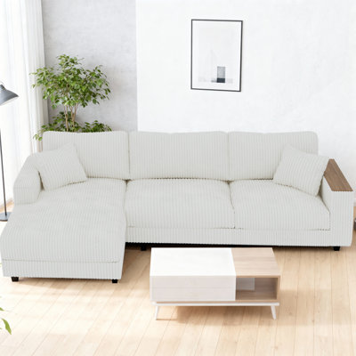 114.5'' L-Shaped Corduroy Sectional Sofa with 2 Pillows and Hidden Armrest Storage