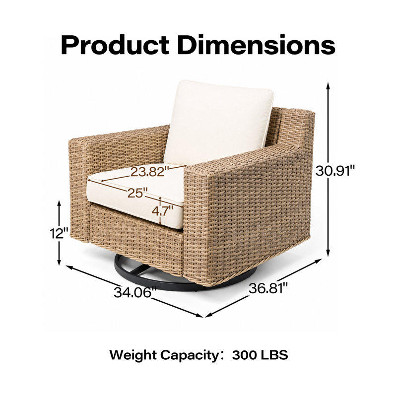 Chaise de patio pivotante en osier toutes saisons avec coussins en oléfine
