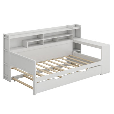 Wooden Daybed With Storage Shelves, Multi-Functional Bed With Trundle Bed And Study Desk