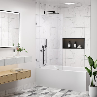 34" W x 58" H Frameless Single Fixed Tub Shower Door, Chrome Nano-Coated Tempered Glass Panel