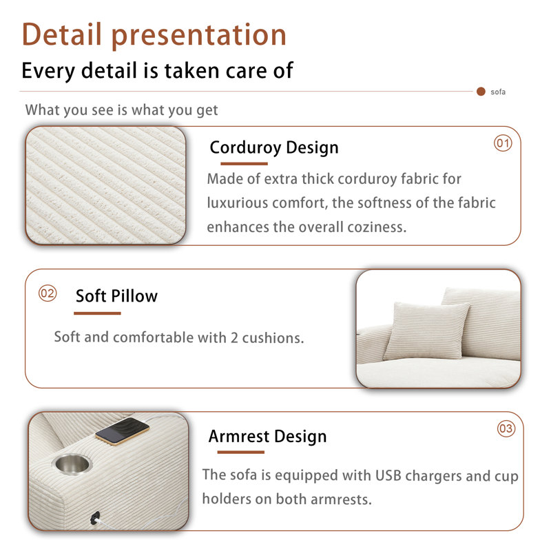 Canapé modulaire surdimensionné 4 places avec port USB et porte-gobelets, Velours côtelé beige