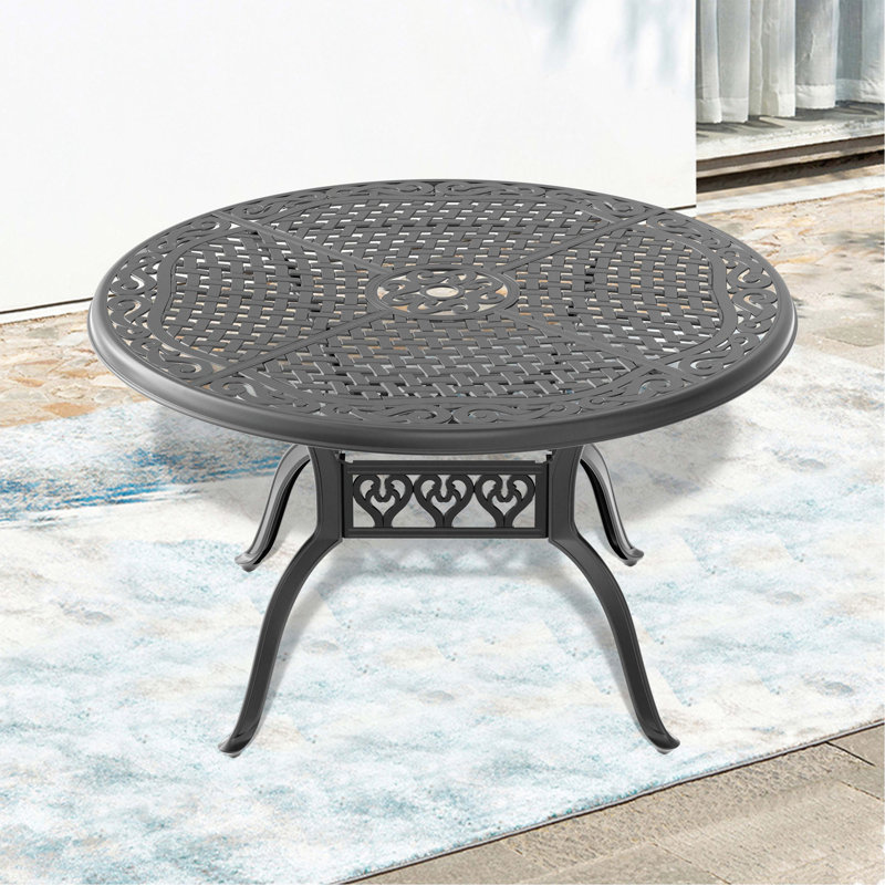 48-Inch Cast Aluminum Patio Dining Table With Black Frame And Umbrella Hole