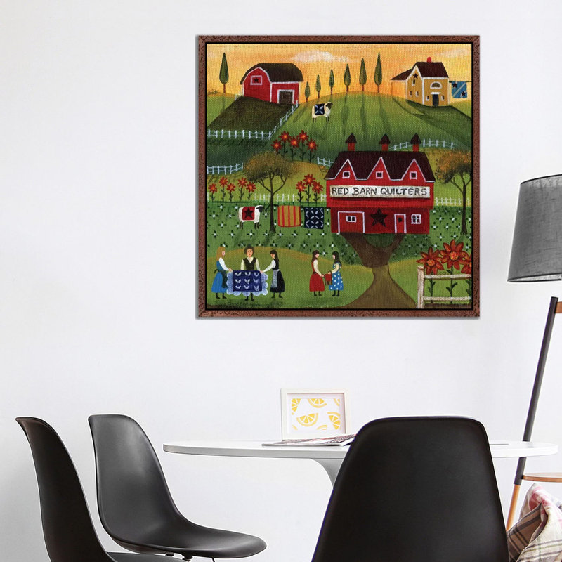 CBT195 Red Barn Quilters 1 Piece Painting on Canvas, 93.98cm H x 93.98cm W x 3.81cm D, Classic Brown Wood Framed