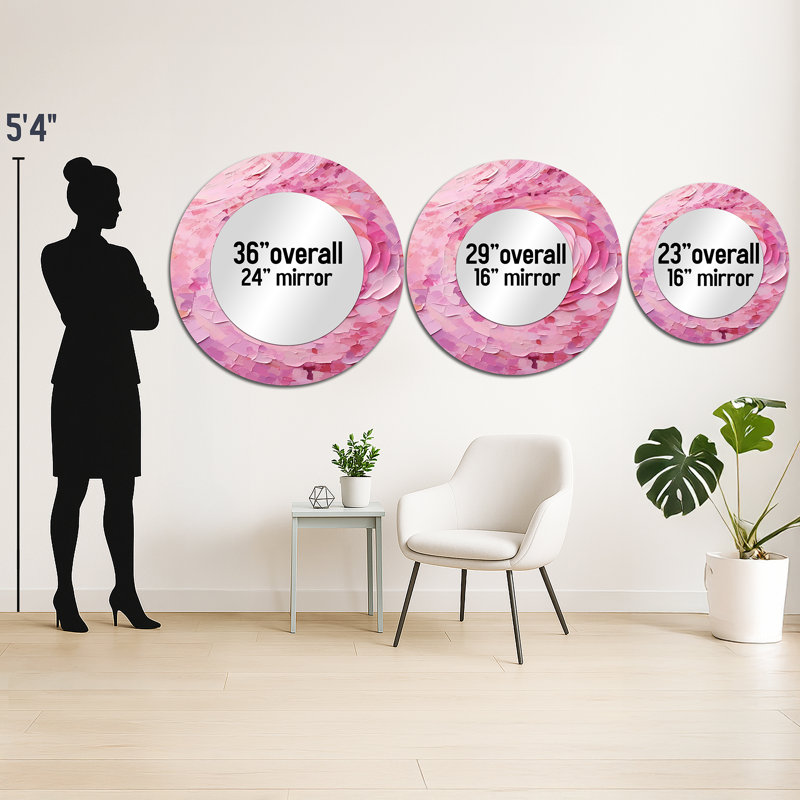 Pink Radiant Revolution Spiral - Abstract Spirals Large Mirror, Modern Round Decorative Wall Mirror, Printed Metal Art