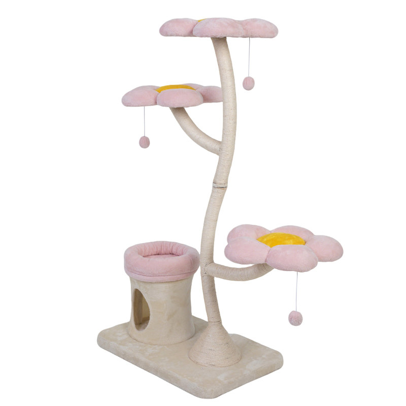 Arbre à chat en forme de fleur rose et beige, avec base stable, plateformes en fleurs, lit moelleux pour chats douillets à plusieurs niveaux, avec balançoire, soulagement du stress