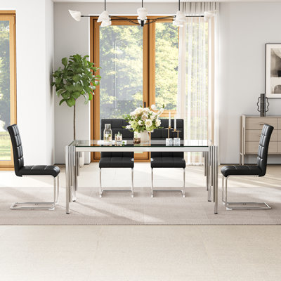 65" Glass Dining Set Of 5, Modern Rectangular Tempered Glass Table With Irregular Round Stainless Steel Legs, And 4 Cantilever PU Leather Upholstered Dining Chairs