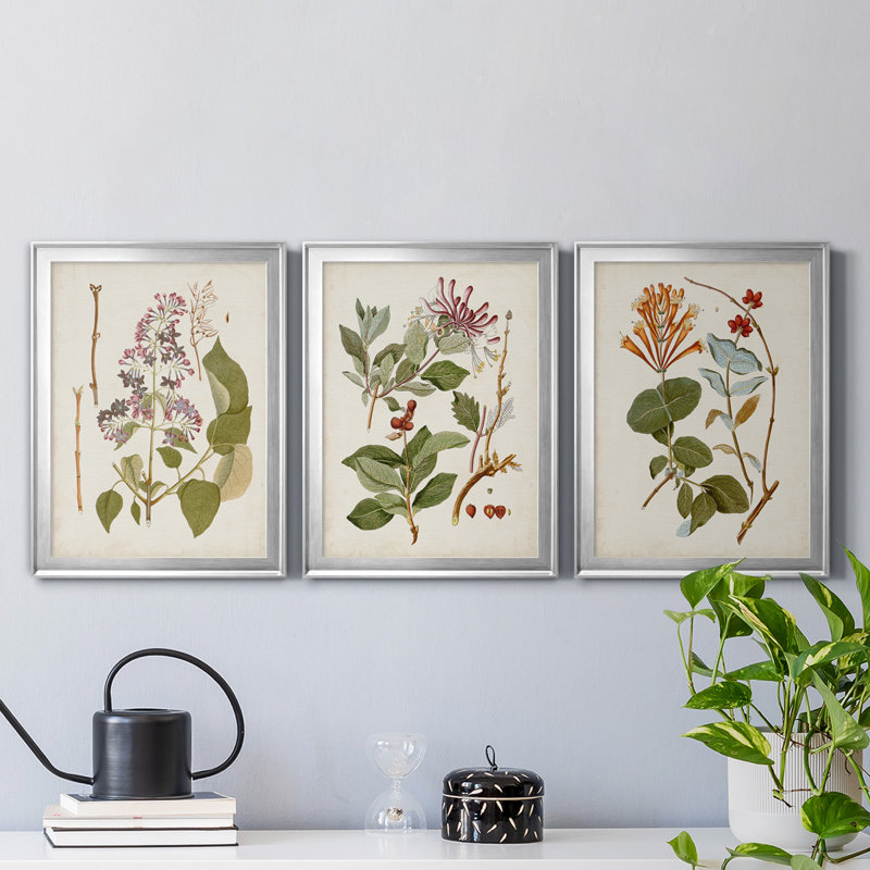 «Vintage Flowering Trees II», ensemble de 3 impressions sur toile encadrées, H 30,5 po x l 127,5 po x P 4,5 po, Argent