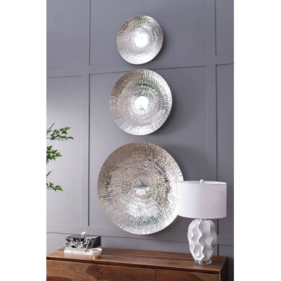 Silver Textured Oversized Disc, Wall Decor For Living Room Bedrrom Entryway Office, Set Of 3