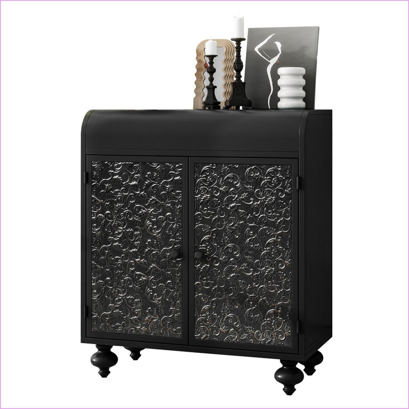 Buffet buffet avec 2 portes | Rangement en relief noir doré vieilli | Acier | Ferme
