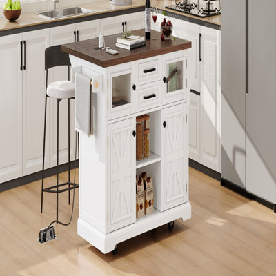Îlot de cuisine 54,9 po avec abattant, prise de courant, chariot de rangement de cuisine avec 4 tablettes de porte, portes de grange en croix et porte en verre visuel, îlot de cuisine sur 4 roulettes