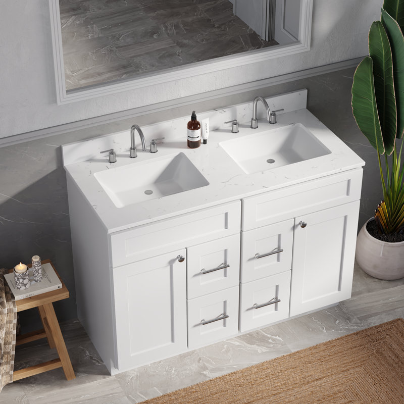 Disar 48" Double Bathroom Vanity Drawer With Carrara Quartz Top-side Splash&back Splash, White