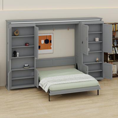 Murphy Bed With Dual Sliding Storage Cabinets, Hidden Wall Bed And Side Shelves