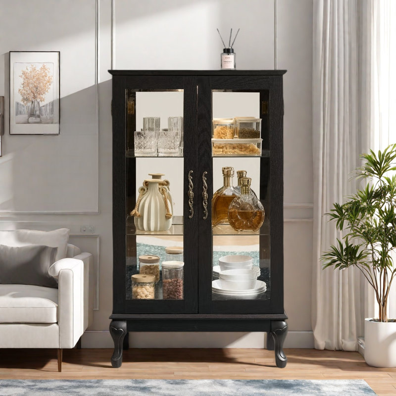 Curio Cabinet With 2 Tempered Glass Doors, Adjustable Shelves And Led Light, Black