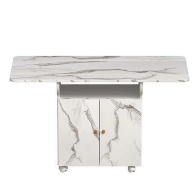 Wood Folding Dining Table With Storage Rack And Cabinet, Removable Entryway Table With 6 Wheels, White Marble Color Kitchen Island, Side Table And Coffee Table Versatile Table Space Saving