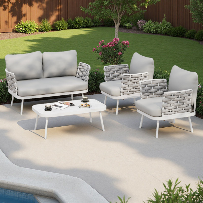 Ensemble de recouvrement en acier 4 pièces, 4 pièces: 2 chaises, table, causeuse, Gris, Blanc cassé