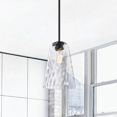 1 lumière noir mat 8 po Mini-luminaire suspendu avec abat-jour en verre martelé