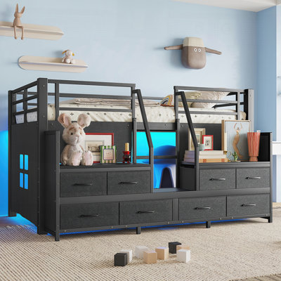 Low Loft Bed with Multi-storage Spaces, Non-woven Fabric Drawers, Shelves, Metal Frame, Built-in Lights, and Independent Under-bed Area