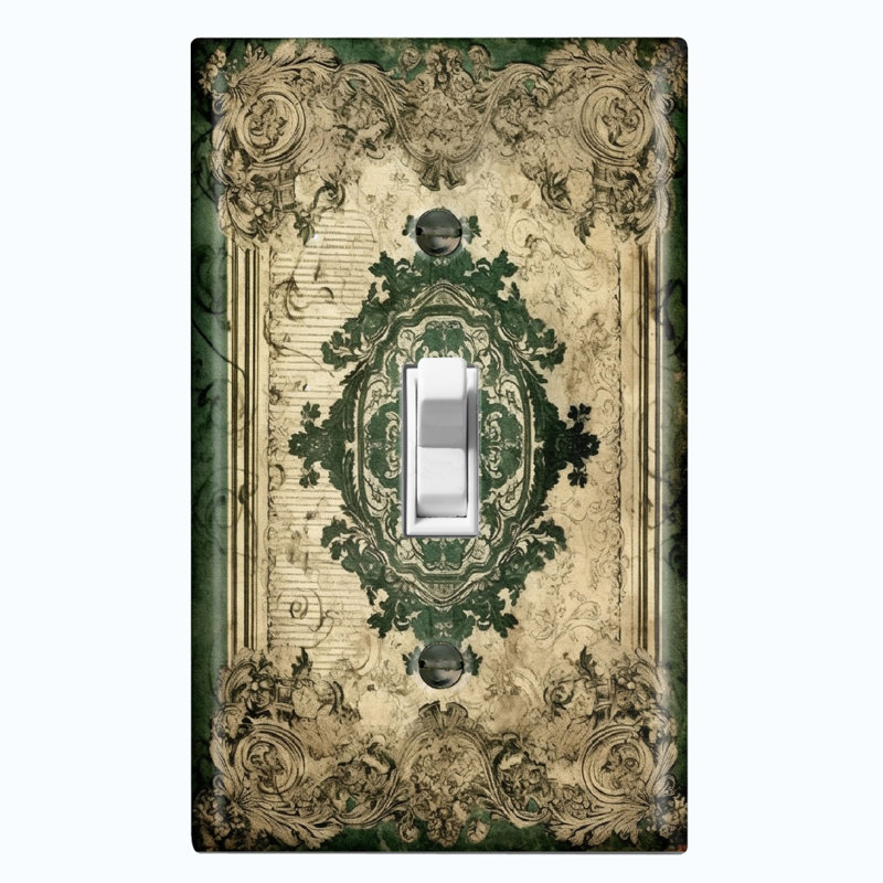 Metal Light Switch Plate Outlet Cover (Elegant Biege Damask Green - Single Toggle)