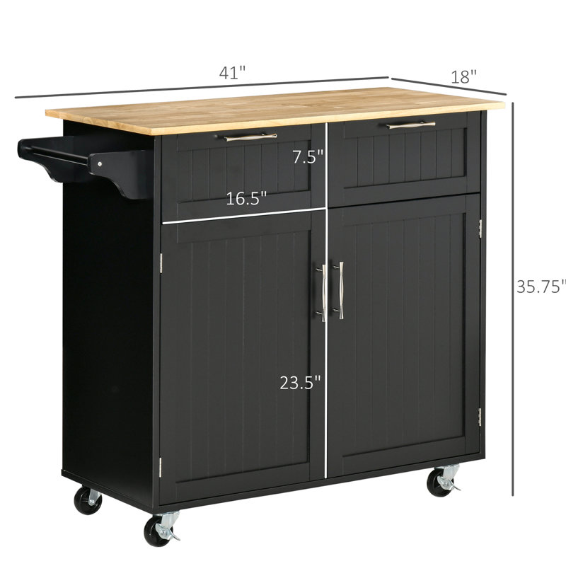 Îlot de cuisine noir roulant avec comptoir de rangement et tiroirs 41 po, fonctionnel