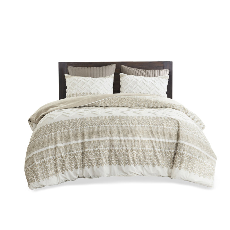 Housse de couette complète 3 pièces avec capitonnage en chenille, style moderne, imprimé, réversible taupe, fermeture à boutons, lavable double / grand, revers uni en coton élégant, machine