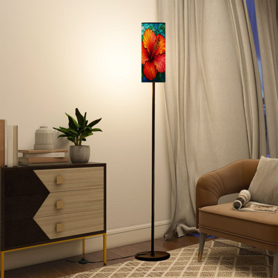  Lampe sur pied 68,5 "à motif de fleurs d'hibiscus à feuilles vertes et à abat-jour en verre coloré avec ampoule à DEL à intensité variable incluse