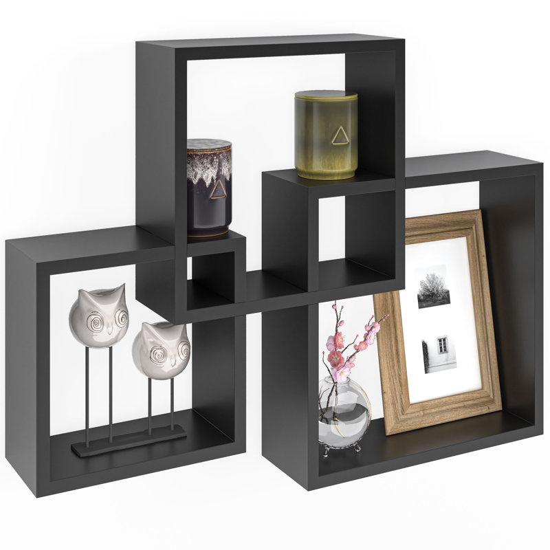 Extense Interlocking 3 Piece Square Floating Wall Shelf, Black